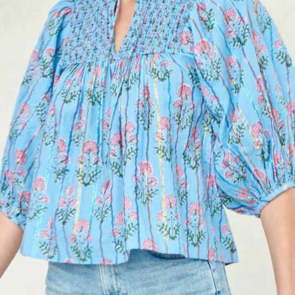 Blue Puff Sleeve Smocked Blouse